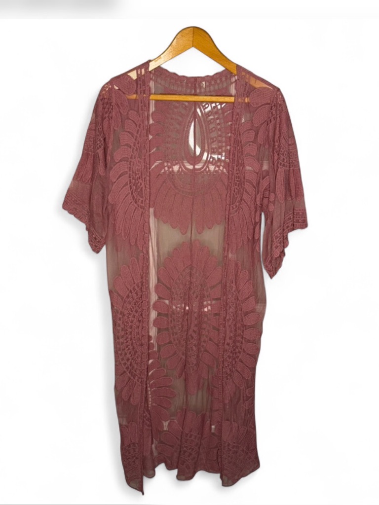 Dusty Rose Lace Kimono Duster Boho Sheer Layer